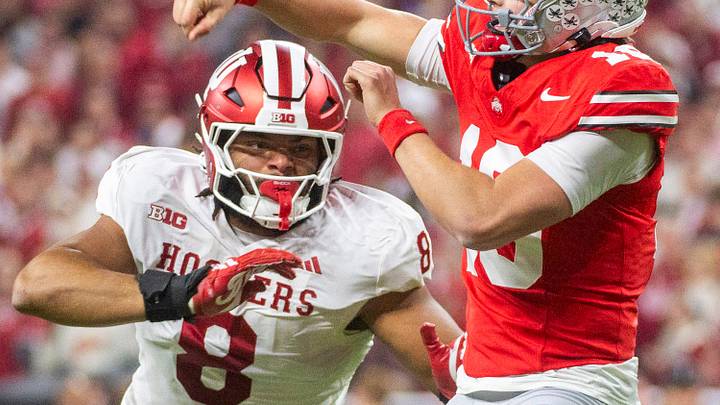 Indiana's Stephen Daley (8) pressures Ohio State's Julian Sayin (10) during the Indiana versus Ohio State Big Ten Championship football game at Lucas Oil Stadium on Saturday, Dec. 6, 2025. Indiana's Stephen Daley (8) pressures Ohio State's Julian Sayin (10) during the Indiana versus Ohio State Big Ten Championship football game at Lucas Oil Stadium on Saturday, Dec. 6, 2025.