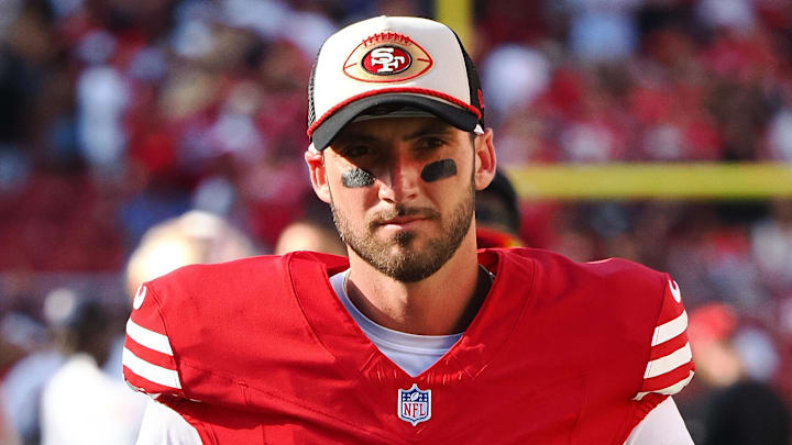 Oct 6, 2024; Santa Clara, California, USA; San Francisco 49ers quarterback Brandon Allen (17) after the game against the Arizona Cardinals at Levi's Stadium. Mandatory Credit: Kelley L Cox-Imagn Images
