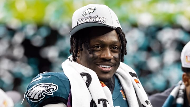 Philadelphia Eagles wide receiver A.J. Brown celebrates after defeating the Kansas City Chiefs in Super Bowl LIX.