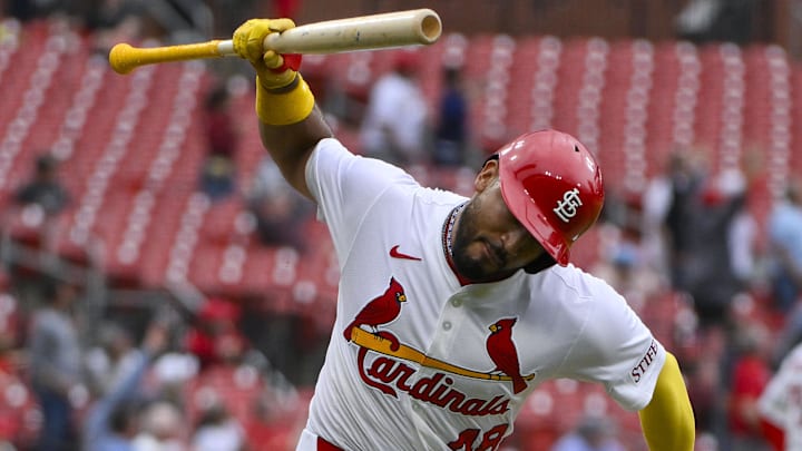 Apr 2, 2025; St. Louis, Missouri, USA;  St. Louis Cardinals catcher Ivan Herrera (48) tosses his bat after hitting a three-run home run for his third home run of the game during the eighth inning against the Los Angeles Angels at Busch Stadium. Mandatory Credit: Jeff Curry-Imagn Images