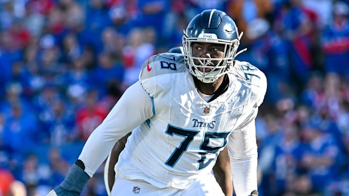Oct 20, 2024; Orchard Park, New York, USA; Tennessee Titans offensive tackle Nicholas Petit-Frere (78) in pass protection against the Buffalo Bills in the fourth quarter at Highmark Stadium. Mandatory Credit: Mark Konezny-Imagn Images