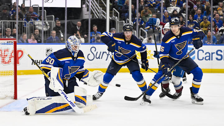 Feb 23, 2025; St. Louis, Missouri, USA;  St. Louis Blues goaltender Jordan Binnington (50) defenseman Cam Fowler (17) and defenseman Colton Parayko (55) defend the net against the Colorado Avalanche during the third period at Enterprise Center. Mandatory Credit: Jeff Curry-Imagn Images