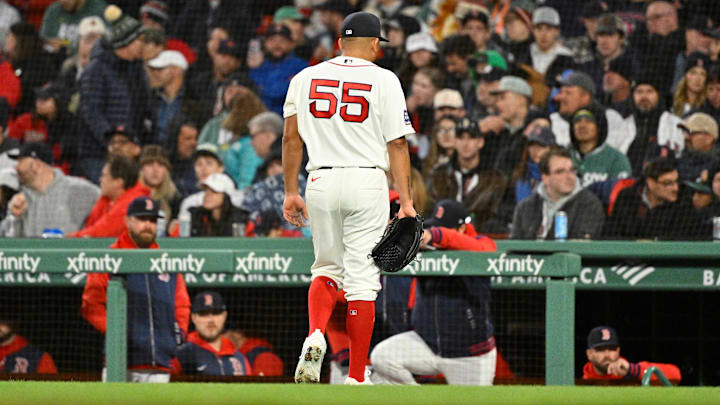 Apr 22, 2026; Boston, Massachusetts, USA; Boston Red Sox starting pitcher Ranger Suarez (55) is retired for the night during fifth inning against the New York Yankees at Fenway Park. Mandatory Credit: Eric Canha-Imagn Images
