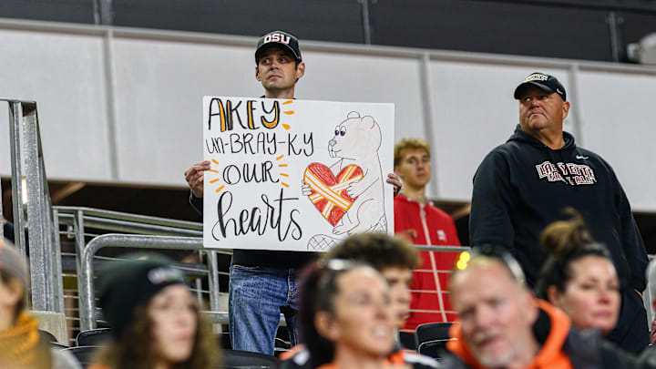 Oct 18, 2025; Corvallis, Oregon, USA; Oregon State Beavers hopeful fan holds a sign during the first quarter against the Lafayette Leopards at Reser Stadium. Mandatory Credit: Craig Strobeck-Imagn Images