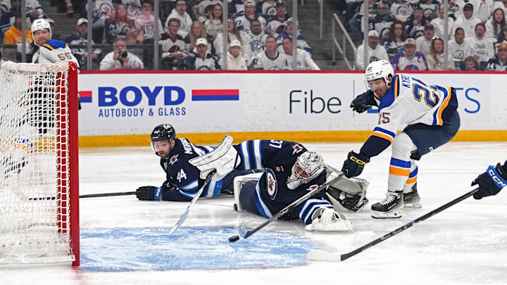 Jordan Kyrou tucking in a goal in game 7 against the Winnipeg Jets