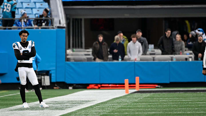 Dec 15, 2024; Charlotte, North Carolina, USA; Carolina Panthers quarterback Bryce Young (9) on the sidelines in the fourth quarter at Bank of America Stadium. Mandatory Credit: Bob Donnan-Imagn Images Dec 15, 2024; Charlotte, North Carolina, USA; Carolina Panthers quarterback Bryce Young (9) on the sidelines in the fourth quarter at Bank of America Stadium. Mandatory Credit: Bob Donnan-Imagn Images
