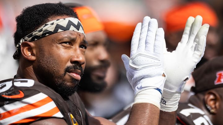 Cleveland Browns defensive end Myles Garrett reacts to a play on the sidelines.