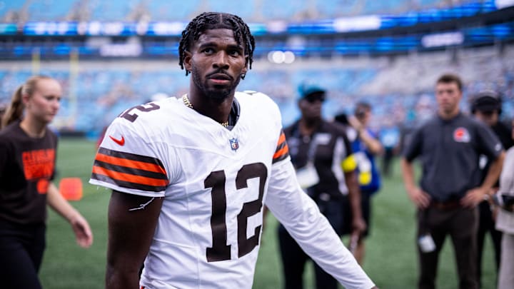 Aug 8, 2025; Charlotte, North Carolina, USA; August 8, 2025: Cleveland Browns quarterback Shedeur Sanders (12) walks off before the game against the Carolina Panthers at Bank of America Stadium. Mandatory Credit: Scott Kinser-The USAToday Network via Imagn Images 