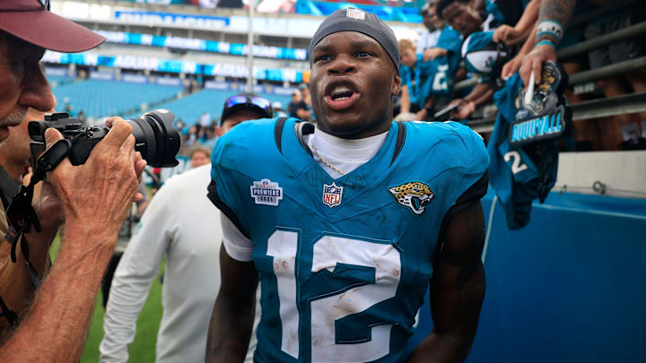 Jacksonville Jaguars wide receiver Travis Hunter (12) walks off the field after the game of an NFL football matchup at EverBank Stadium, Sunday, Sept. 7, 2025 in Jacksonville, Fla. The Jaguars defeated the Panthers 26-10. [Corey Perrine/Florida Times-Union]