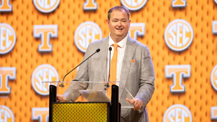 Jul 16, 2024; Dallas, TX, USA; Tennessee head coach Josh Heupel speaking at Omni Dallas Hotel. Mandatory Credit: Brett Patzke-USA TODAY Sports