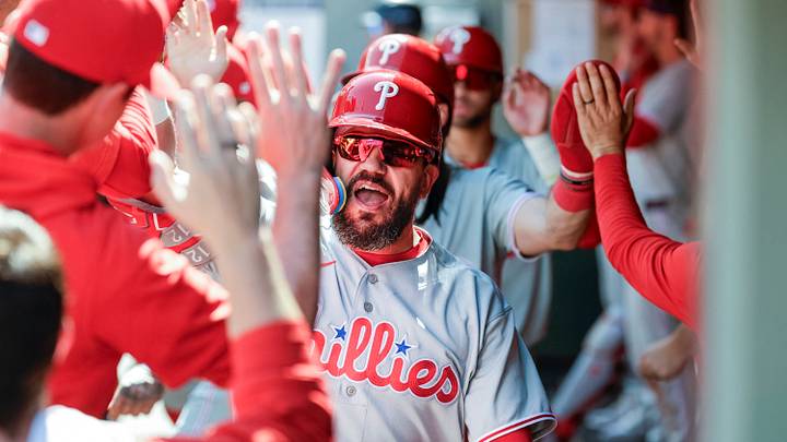 Aug 26, 2026; Seattle, Washington, USA; Philadelphia Phillies designated hitter Kyle Schwarber (12) high-fives teammates in the dugout after hitting a three-run home run against the Seattle Mariners during the second inning at T-Mobile Park. Mandatory Credit: Joe Nicholson-Imagn Images Aug 26, 2026; Seattle, Washington, USA; Philadelphia Phillies designated hitter Kyle Schwarber (12) high-fives teammates in the dugout after hitting a three-run home run against the Seattle Mariners during the second inning at T-Mobile Park. Mandatory Credit: Joe Nicholson-Imagn Images