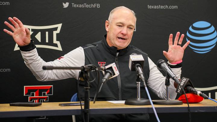 Nov 29, 2025; Morgantown, West Virginia, USA; Texas Tech Red Raiders head coach Joey McGuire speaks to the media after defeating the West Virginia Mountaineers at Milan Puskar Stadium. Mandatory Credit: Ben Queen-Imagn Images Nov 29, 2025; Morgantown, West Virginia, USA; Texas Tech Red Raiders head coach Joey McGuire speaks to the media after defeating the West Virginia Mountaineers at Milan Puskar Stadium. Mandatory Credit: Ben Queen-Imagn Images