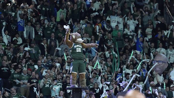 Apr 25, 2025; Milwaukee, Wisconsin, USA; Milwaukee Bucks mascot Bango gets the crowd fired during their game against the Indiana Pacers during game three of first round for the 2024 NBA Playoffs at Fiserv Forum. Mandatory Credit: Michael McLoone-Imagn Images
