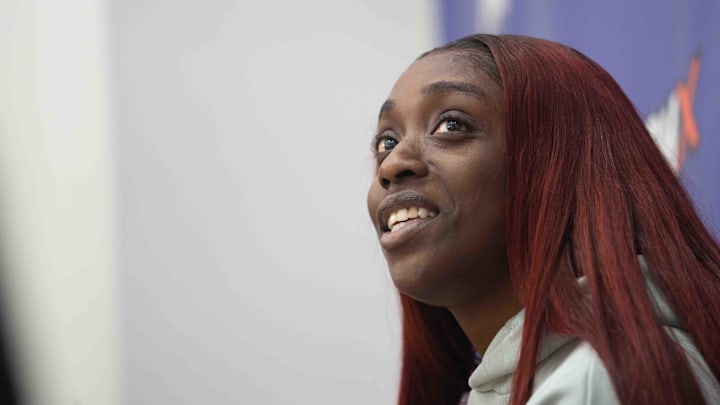 Kahleah Copper speaks to members of the media at Player 15 HQ in Phoenix on Sept. 26, 2024.