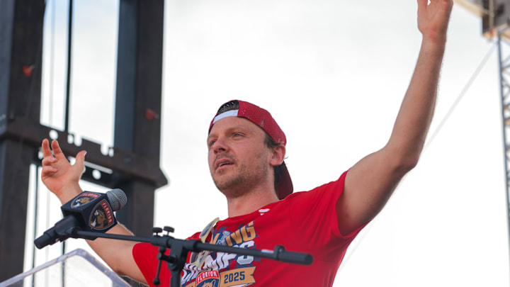 Florida Panthers center Sam Reinhart speaking to the fans during the Stanley Cup championship parade