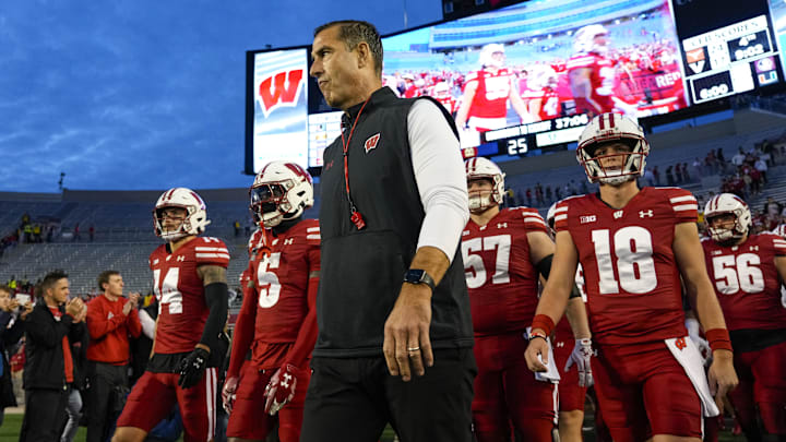 Oct 26, 2024; Madison, Wisconsin, USA;  Wisconsin Badgers head coach Luke Fickell prior to the game against the Penn State Nittany Lions at Camp Randall Stadium. 