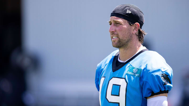 Jul 26, 2025; Charlotte, NC, USA; Carolina Panthers wide receiver Adam Thielen (19) walks off after practice at training camp. Mandatory Credit: Scott Kinser-Imagn Images Jul 26, 2025; Charlotte, NC, USA; Carolina Panthers wide receiver Adam Thielen (19) walks off after practice at training camp. Mandatory Credit: Scott Kinser-Imagn Images