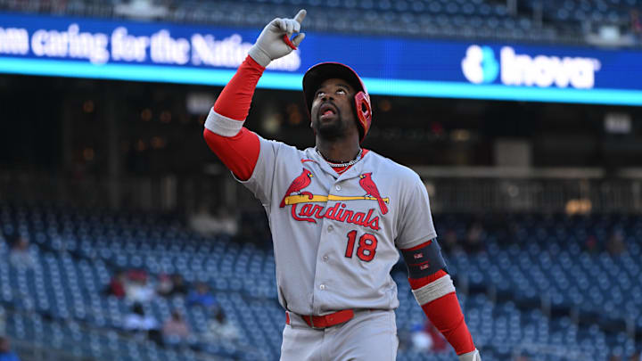 Apr 8, 2026; Washington, District of Columbia, USA; St. Louis Cardinals right fielder Jordan Walker (18) points to the sky after hitting a home run against the Washington Nationals during the fifth inning at Nationals Park. Mandatory Credit: Rafael Suanes-Imagn Images
