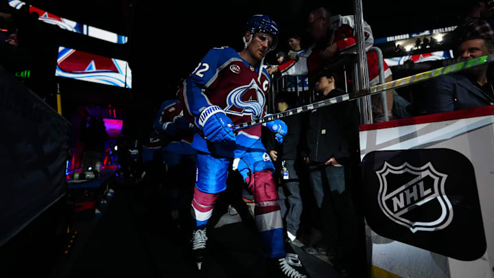 Apr 1, 2026; Denver, Colorado, USA; Colorado Avalanche left wing Gabriel Landeskog (92) before the game against the Vancouver Canucks at Ball Arena. Mandatory Credit: Ron Chenoy-Imagn Images Apr 1, 2026; Denver, Colorado, USA; Colorado Avalanche left wing Gabriel Landeskog (92) before the game against the Vancouver Canucks at Ball Arena. Mandatory Credit: Ron Chenoy-Imagn Images