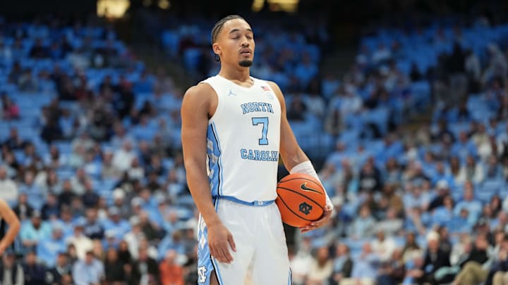 Feb 2, 2026; Chapel Hill, North Carolina, USA; North Carolina Tar Heels guard Seth Trimble (7) collects himself on the free throw line in the second half at Dean E. Smith Center. Mandatory Credit: Bob Donnan-Imagn Images