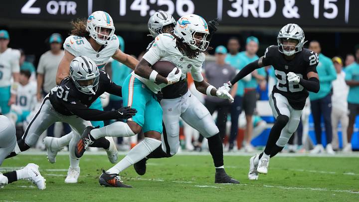 Miami Dolphins wide receiver Caleb Douglas (7) is tackled by Las Vegas Raiders safety Treydan Stukes (31) in the second quarter at Allegiant Stadium. Miami Dolphins wide receiver Caleb Douglas (7) is tackled by Las Vegas Raiders safety Treydan Stukes (31) in the second quarter at Allegiant Stadium.