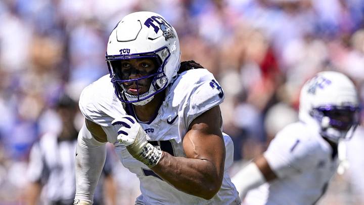 Sep 20, 2025; Fort Worth, Texas, USA; TCU Horned Frogs linebacker Kaleb Elarms-Orr (3) rushes the line during the game between the TCU Horned Frogs and the SMU Mustangs at Amon G. Carter Stadium. Mandatory Credit: Jerome Miron-Imagn Images