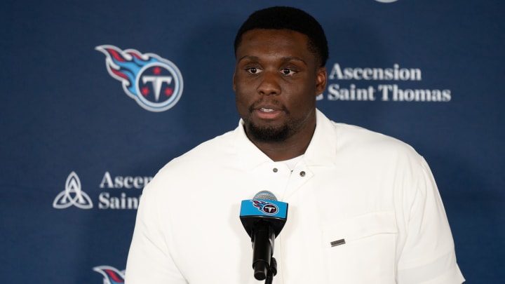 Tennessee Titans new free-agent center Lloyd Cushenberry fields questions at Ascension Saint Thomas Sports Park in Nashville, Tenn., Thursday, March 14, 2024