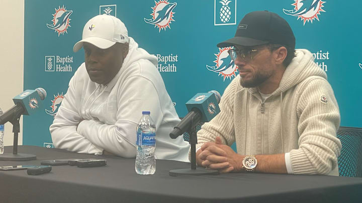 Miami Dolphins GM Chris Grier (left) and Coach Mike McDaniel conduct their annual season-ending press conference. Miami Dolphins GM Chris Grier (left) and Coach Mike McDaniel conduct their annual season-ending press conference.