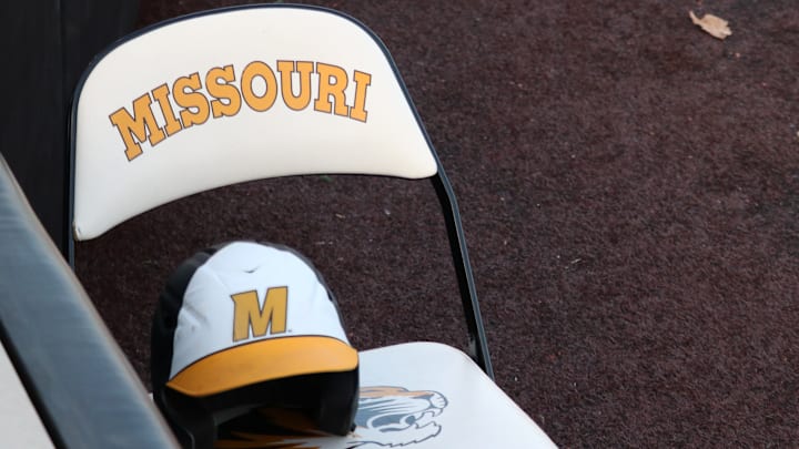 A Missouri Tigers helmet sits on the sideline chair at Taylor Stadium. 