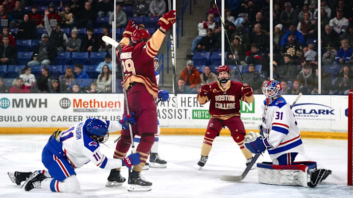 Boston College men's hockey forward Dean Letourneau celebrating a goal in the third period against UMass Lowell on Dec. 5, 2025. Photo Credit; John Sexton / Boston College Eagles On SI Boston College men's hockey forward Dean Letourneau celebrating a goal in the third period against UMass Lowell on Dec. 5, 2025. Photo Credit; John Sexton / Boston College Eagles On SI