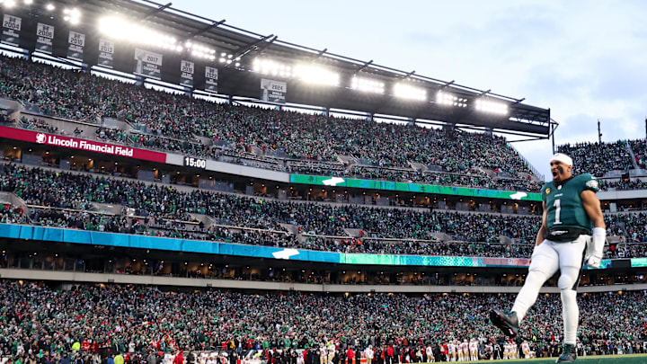 Jan 11, 2026; Philadelphia, PA, USA; Philadelphia Eagles quarterback Jalen Hurts (1) reacts prior to an NFC Wild Card Round game against the San Francisco 49ers at Lincoln Financial Field. Mandatory Credit: Bill Streicher-Imagn Images