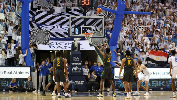 Feb 20, 2024; Provo, Utah, USA; Baylor Bears center Yves Missi (21) shoots a foul shot against the Brigham Young Cougars during the second half at Marriott Center. Mandatory Credit: Rob Gray-USA TODAY Sports