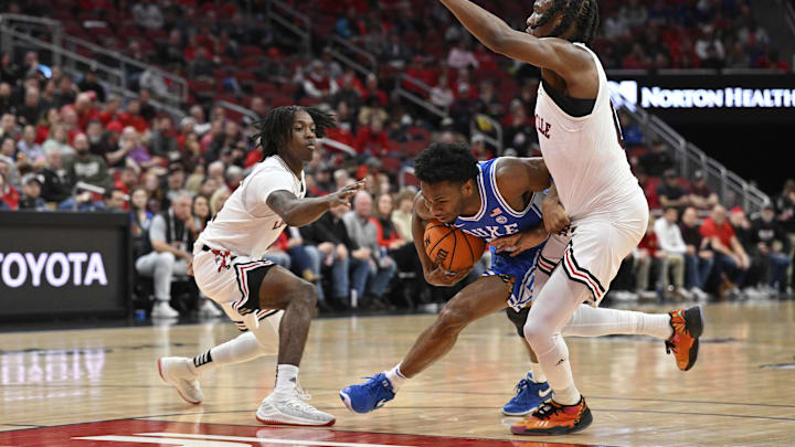 Jan 23, 2024; Louisville, Kentucky, USA;  Duke Blue Devils guard Jeremy Roach (3) drives to the