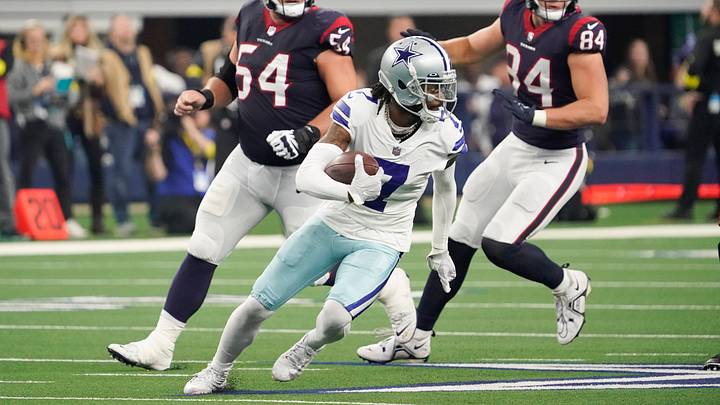 Dallas Cowboys cornerback Trevon Diggs (7) carries the ball after receiving a fumble against the Houston Texans. Dallas Cowboys cornerback Trevon Diggs (7) carries the ball after receiving a fumble against the Houston Texans.