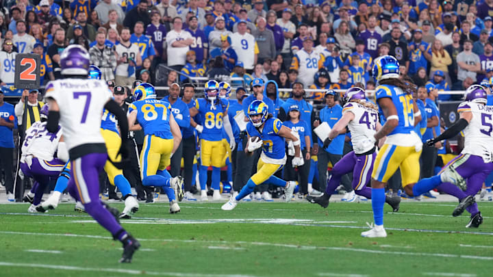 Jan 13, 2025; Glendale, AZ, USA; Los Angeles Rams wide receiver Puka Nacua (17) makes a catch against the Minnesota Vikings during the first half in an NFC wild card game at State Farm Stadium. Mandatory Credit: Joe Camporeale-Imagn Images Jan 13, 2025; Glendale, AZ, USA; Los Angeles Rams wide receiver Puka Nacua (17) makes a catch against the Minnesota Vikings during the first half in an NFC wild card game at State Farm Stadium. Mandatory Credit: Joe Camporeale-Imagn Images