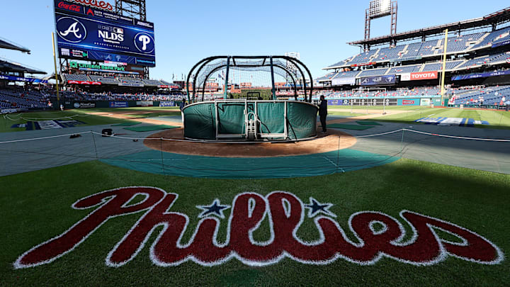 Oct 11, 2023; Philadelphia, Pennsylvania, USA; A view of the Phillies logo painted on the field Oct 11, 2023; Philadelphia, Pennsylvania, USA; A view of the Phillies logo painted on the field