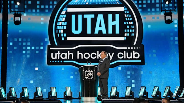Jun 28, 2024; Las Vegas, Nevada, USA; NHL Commissioner Gary Bettman looks on as Utah Hockey Club is on the clock during the first round of the 2024 NHL Draft at The Sphere. Mandatory Credit: Joe Camporeale-USA TODAY Sports