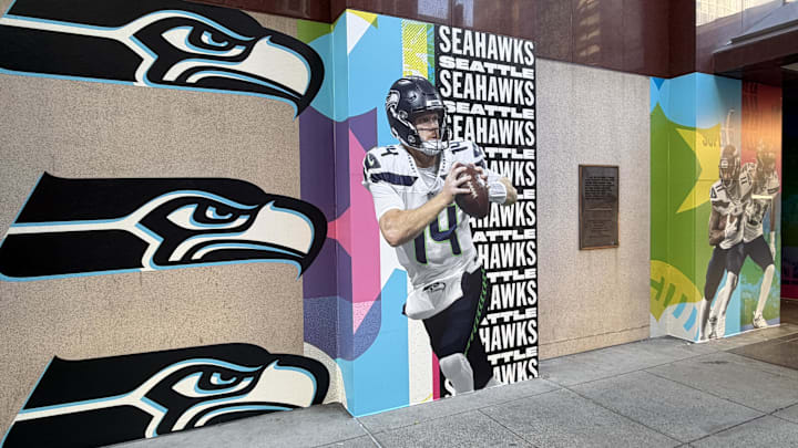 Feb 3, 2026; San Francisco, CA, USA; An image of Seattle Seahawks quarterback Sam Darnold (14) and the Seahawks logo at the Marriott Marquis hotel. Mandatory Credit: Kirby Lee-Imagn Images