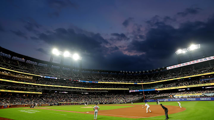 Jun 10, 2025; New York City, New York, USA; General view of Citi Field as New York Mets starting pitcher Griffin Canning (46) pitches against Washington Nationals designated hitter Josh Bell (19) during the sixth inning. Mandatory Credit: Brad Penner-Imagn Images