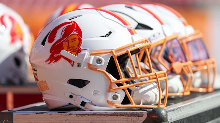Sep 21, 2025; Tampa, Florida, USA; Tampa Bay Buccaneers helmets sit on the sideline before a game against the New York Jets at Raymond James Stadium. Mandatory Credit: Nathan Ray Seebeck-Imagn Images