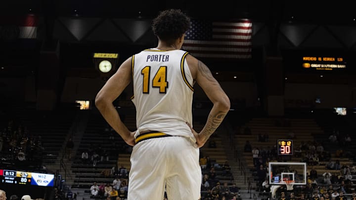 Nov. 9, 2025; Columbia, Missouri, USA; Missouri Tigers forward Jevon Porter looks on during a game against VMI at Mizzou Arena.