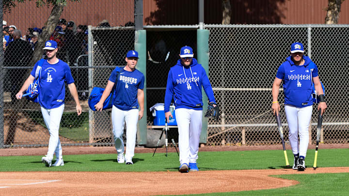 Feb 17, 2026; Glendale, AZ, USA; members of the Los Angeles Dodgers during a Spring Training workout at Camelback Ranch. Mandatory Credit: Matt Kartozian-Imagn Images Feb 17, 2026; Glendale, AZ, USA; members of the Los Angeles Dodgers during a Spring Training workout at Camelback Ranch. Mandatory Credit: Matt Kartozian-Imagn Images
