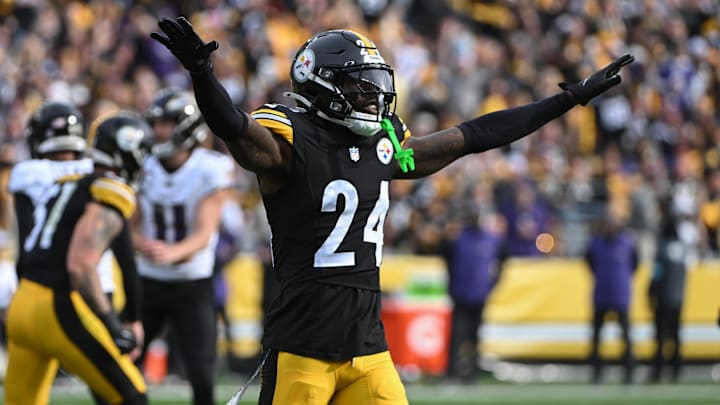 Nov 17, 2024; Pittsburgh, Pennsylvania, USA; Pittsburgh Steelers cornerback Joey Porter Jr. (24) celebrates a missed field goal against the Baltimore Ravens during the first quarter at Acrisure Stadium. Mandatory Credit: Barry Reeger-Imagn Images