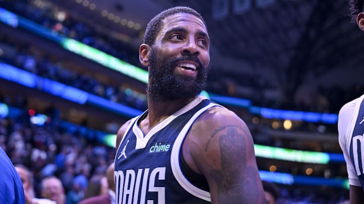 Feb 12, 2025; Dallas, Texas, USA; Dallas Mavericks guard Kyrie Irving (11) after the game between the Dallas Mavericks and the Golden State Warriors at the American Airlines Center. Mandatory Credit: Jerome Miron-Imagn Images