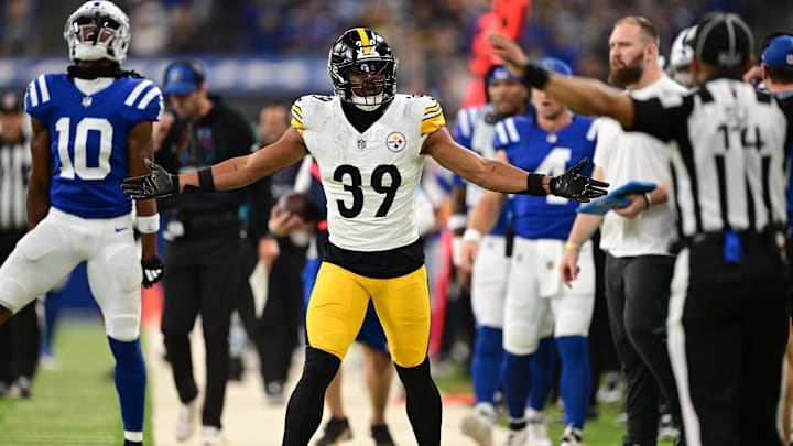 Sep 29, 2024; Indianapolis, Indiana, USA; Pittsburgh Steelers safety Minkah Fitzpatrick (39) reacts to a personal foul call during the second half against the Indianapolis Colts at Lucas Oil Stadium. Mandatory Credit: Marc Lebryk-Imagn Images
