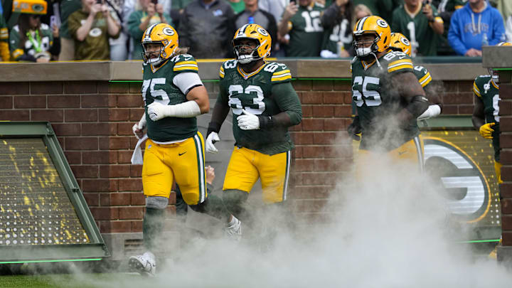 Green Bay Packers G Sean Rhyan, OT Rasheed Walker and G Aaron Banks prior to the game against the Detroit Lions. Green Bay Packers G Sean Rhyan, OT Rasheed Walker and G Aaron Banks prior to the game against the Detroit Lions.