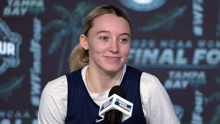 Apr 3, 2025; Tampa, FL, USA; UConn Huskies guard Paige Bueckers during press conference at Amalie Arena. Mandatory Credit: Kirby Lee-Imagn Images Apr 3, 2025; Tampa, FL, USA; UConn Huskies guard Paige Bueckers during press conference at Amalie Arena. Mandatory Credit: Kirby Lee-Imagn Images