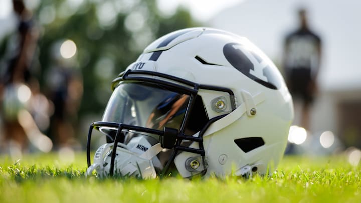 BYU football helmet at Fall Camp