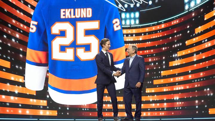 Jun 27, 2025; Los Angeles, California, USA; Victor Eklund is selected as the 16th overall pick to the New York Islanders in the first round of the 2025 NHL Draft at Peacock Theater. Mandatory Credit: Kirby Lee-Imagn Images