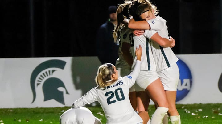 Michigan State's women's soccer team celebrates the game winning goal in double overtime against Milwaukee Friday, Nov. 11, 2022 in the 1st round of the NCAA Championships.

Ncaa Michigan State Womens Soccer 1